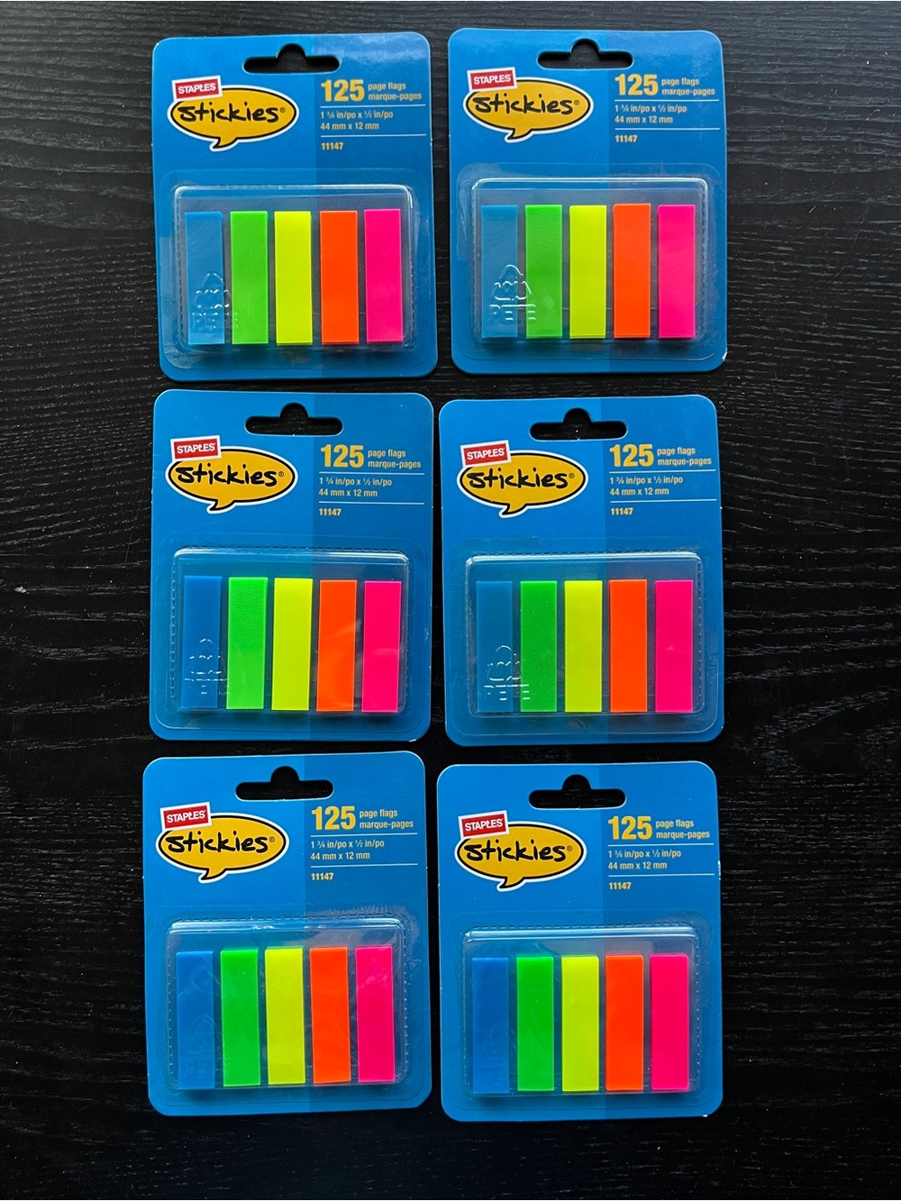 Staples Stickies Page Flags 125ct 1.75x0.5" Neon Color Bulk 6 Pack 11147